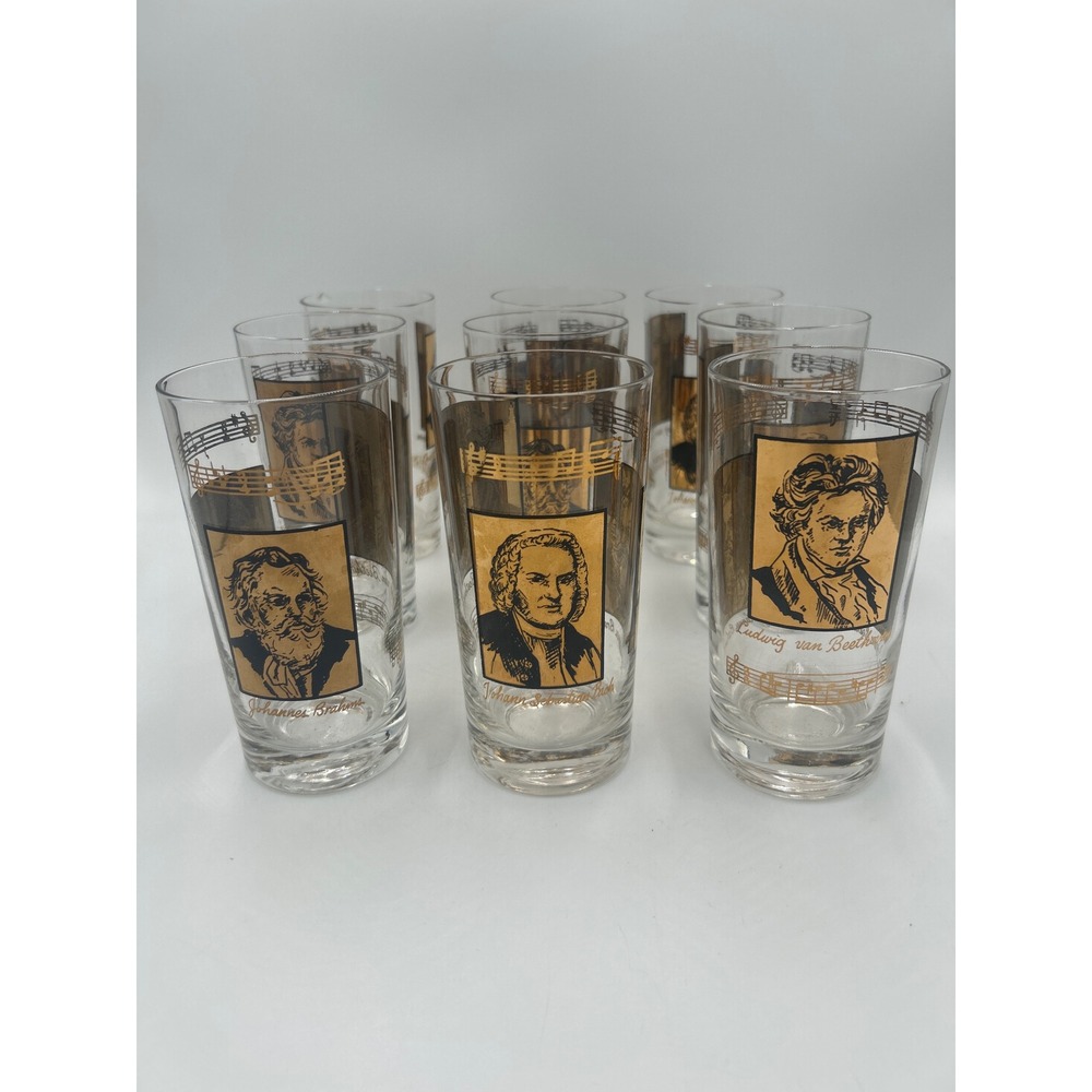 9 Vintage Classical Composer Highball Glasses Gold Bach Beethoven Brahms MCM